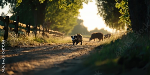 A close-up shot of a badger crossing a rural path, with cows grazing behind a fence in the background photo