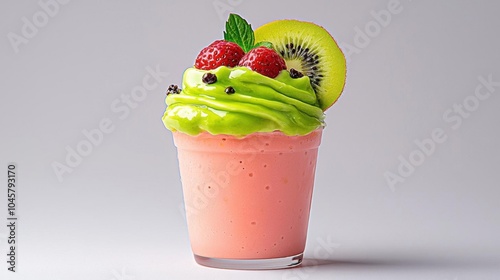 A photostock of a yogurt parfait with fruits, white background, clean design photo