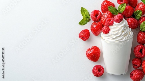 A photostock of a yogurt parfait with fruits, white background, clean design photo