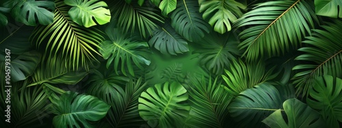 Lush tropical foliage background with leaves of various shapes and sizes.
