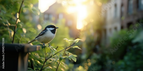 A Great Tit in an urban garden setting, hopping between feeders, with tall houses in the background