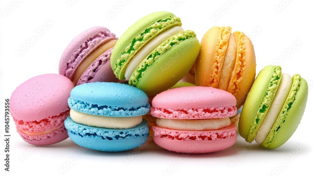 A photostock of an arrangement of colorful macarons, white background, soft lighting A photostock of an arrangement of colorful macarons, white background, soft lighting