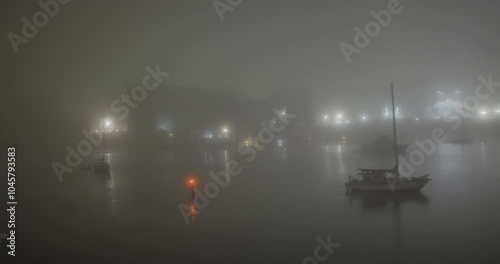 boats in the harbor during a foggy winter night