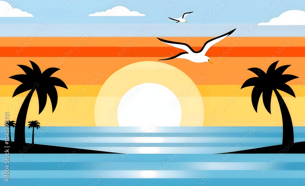 Obraz premium Tropical sunset landscape with palm trees and seagulls representing relaxation and summer vibes copy space