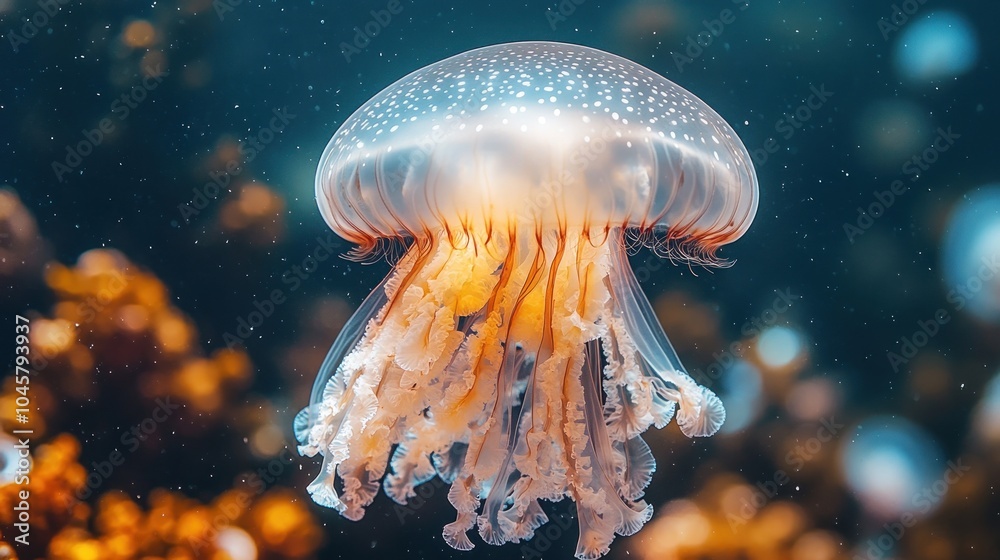 Fototapeta premium A vibrant jellyfish gracefully floats in an underwater scene, showcasing its ethereal beauty.