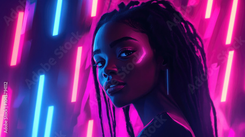 A striking woman stands illuminated by neon pink and blue lights, capturing an aura of strength, beauty, and style as she gazes outward with confidence.