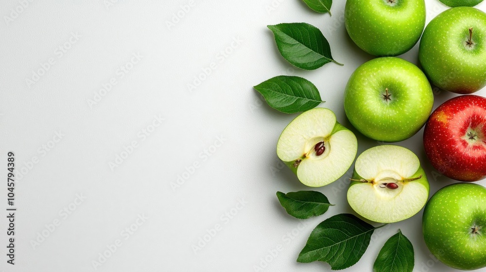A photostock of apples sliced open, white background, fresh composition A photostock of apples sliced open, white background, fresh composition