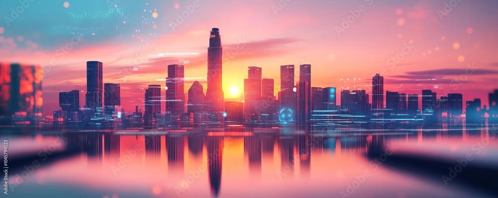 Fototapeta premium Blockchain financial revolution, augmented reality finance system, futuristic cityscape