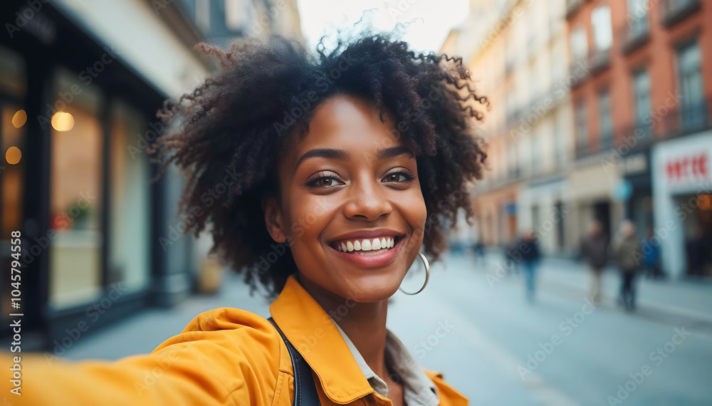 Beautiful young elegant alternative black female model taking selfie in the street, fashion and lifestyle, people, background