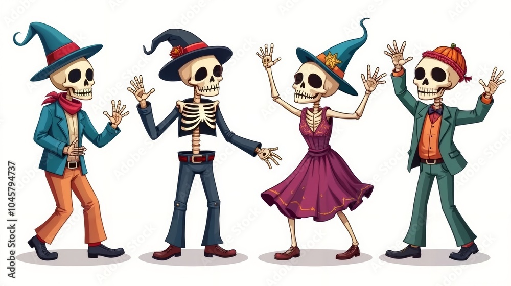 Creepy Skeletons Dancing with Decorative Skulls and Festive Expressions Creepy Skeletons Dancing with Decorative Skulls and Festive Expressions