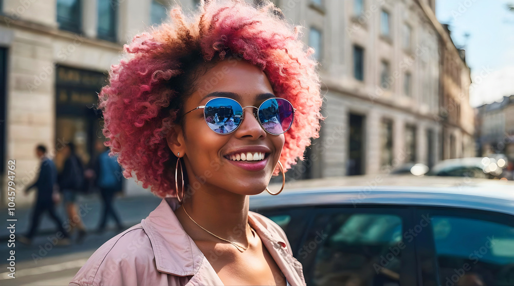 Beautiful young elegant alternative black female model taking selfie in the street, fashion and lifestyle, people, background