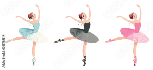 Set of pretty ballerina in different dress dancing on white background. Vector illustration on white background