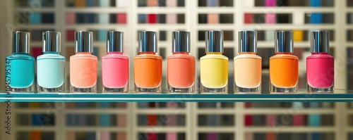 A display of brightly colored nail polish bottles lined up in a neat row on a glass shelf