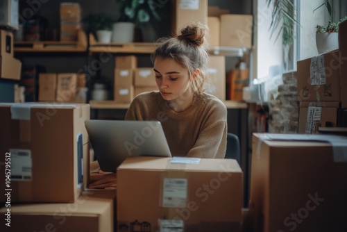 A young woman is focused on her laptop, seated amidst numerous cardboard boxes in a warm and inviting workspace filled with natural light