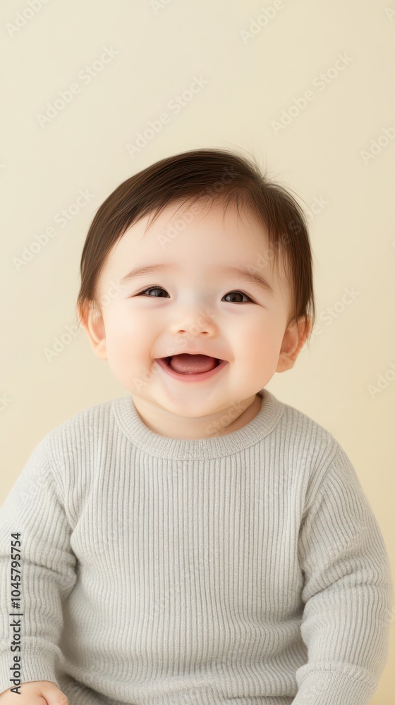 Joyful Baby Smiling in Cozy Grey Attire Joyful Baby Smiling in Cozy Grey Attire