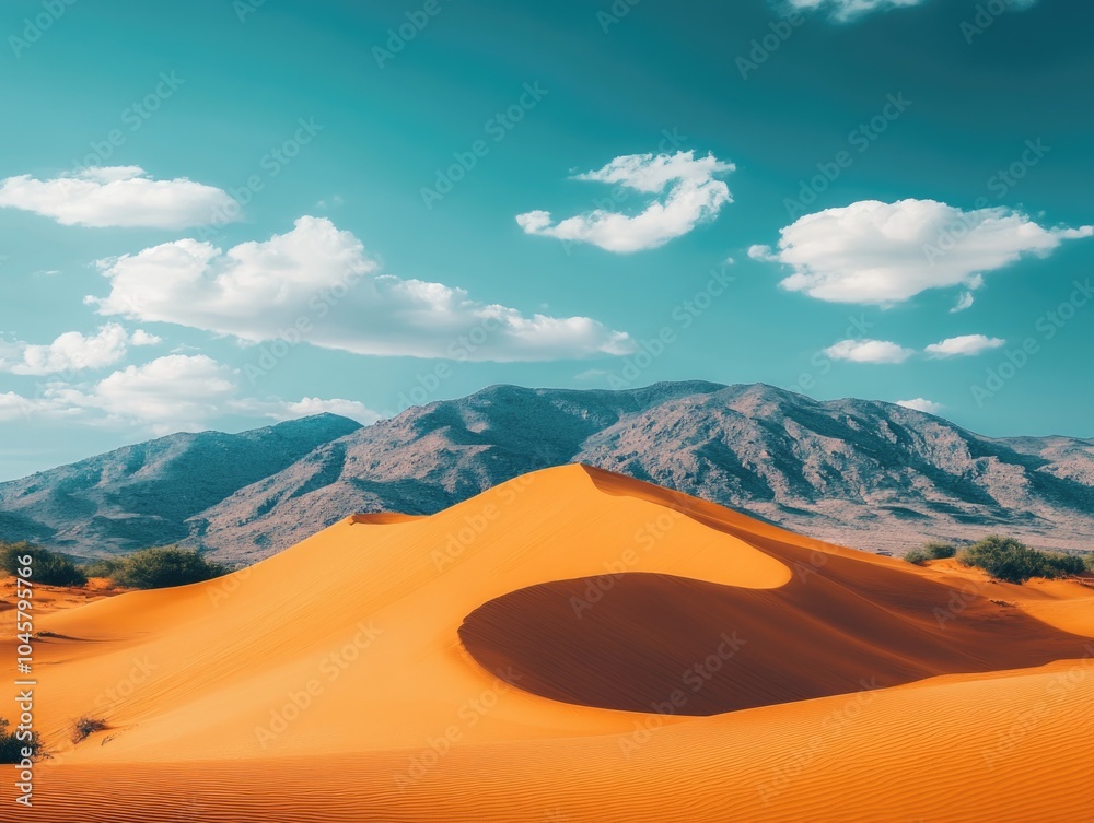 Fototapeta premium Sahara Sunrise: Golden Sand Dunes and Majestic Mountains