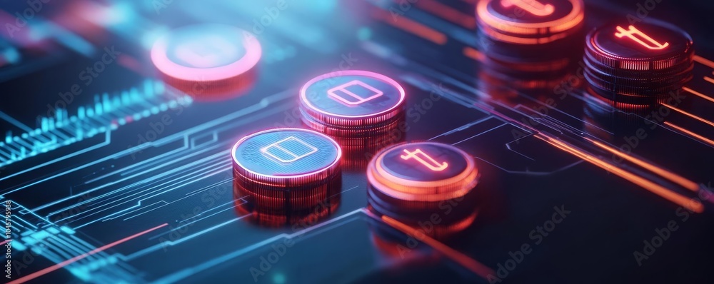 Blockchain payment interface, glowing neon tokens, futuristic cyberpunk landscape