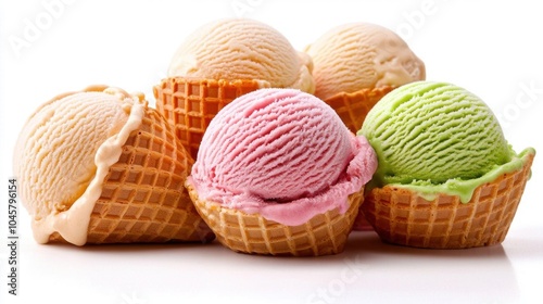 A photostock of mixed ice cream scoops in waffle cones, white background, vibrant colors