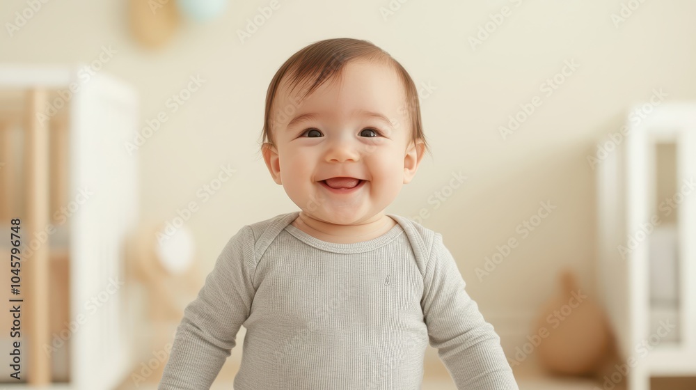 Joyful Baby in Grey Ribbed Outfit Smiling Happily Joyful Baby in Grey Ribbed Outfit Smiling Happily