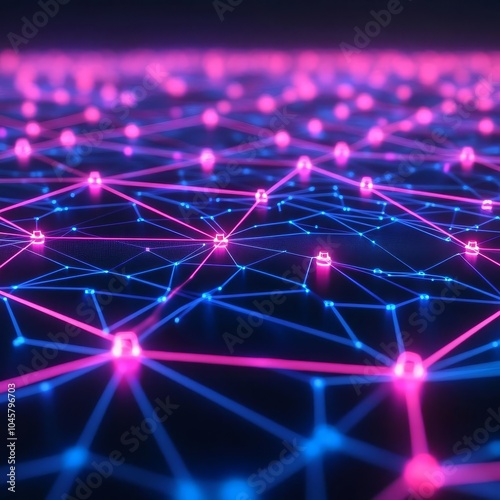 Blockchain transaction network, neon-holographic data points, futuristic tech environment