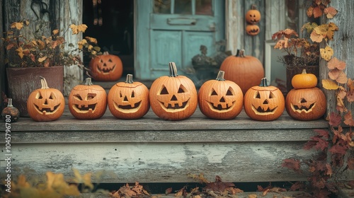 A row of vintage-style carved pumpkins with classic, simple faces, placed on a wooden porch surrounded by retro Halloween decor