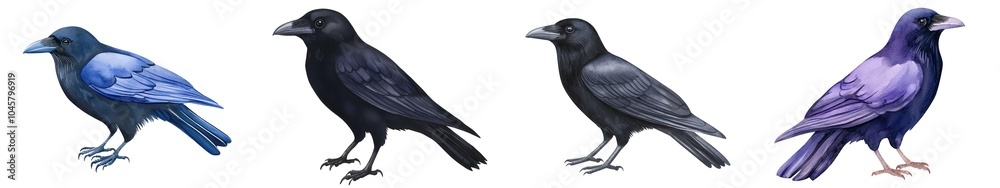 Fototapeta premium A series of stylized birds, showcasing variations in color from blue to deep black and purple.