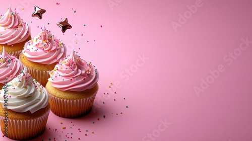 A photostock of pink frosted cupcakes, pink background, celebration theme photo