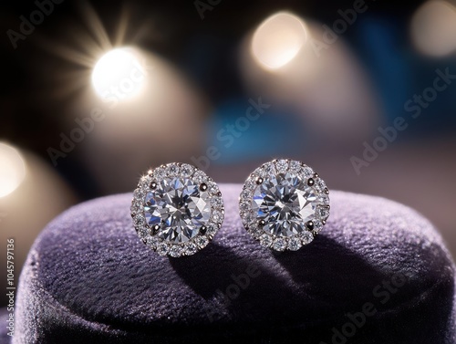 A pair of diamond earrings displayed on a velvet cushion with soft spotlights highlighting the intricate details photo