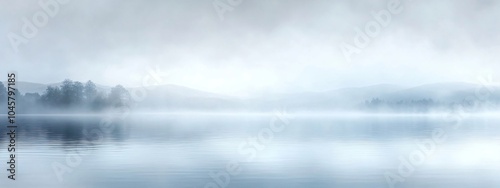 Beautiful lake in misty morning. Mountains, forest and clouds reflected in the calm water surface. Norwegian dark autumn landscape. Nature, ecology, eco tourism. Travel and vacation concept