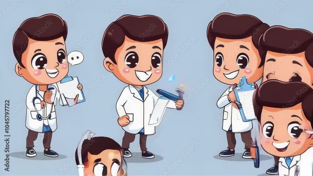 Cheerful cartoon male doctor showcasing different poses and expressions.