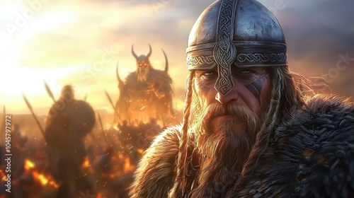 Epic Viking Warrior in Battle with Fiery Background and Dramatic Atmosphere photo