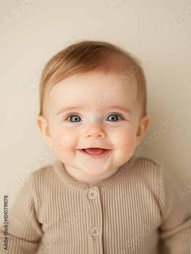 Happy Baby Smiling in Soft Grey Long Sleeve Top