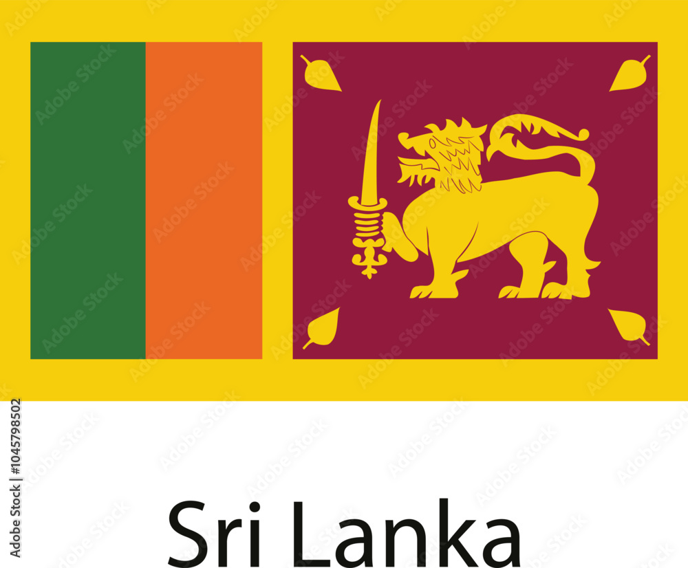 The national flag of Sri Lanka featuring a lion holding a sword on a maroon background with green and orange stripes. The national flag of Sri Lanka featuring a lion holding a sword on a maroon background with green and orange stripes.
