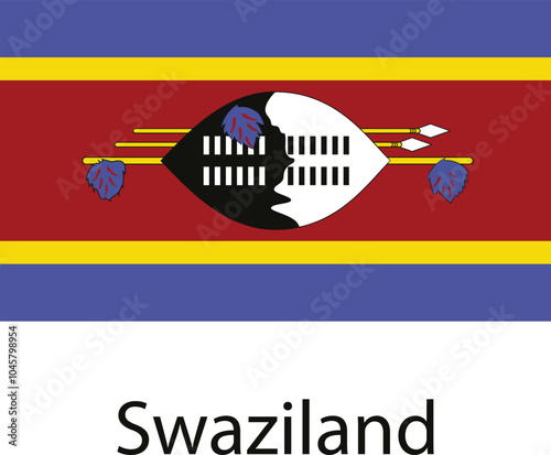 The national flag of Swaziland featuring a shield, spears, and traditional colors.