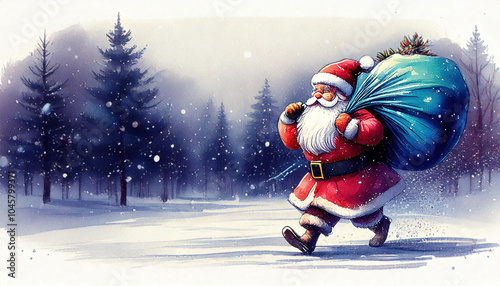 Happy and friendly Santa Clause holding on his back a big Christmas bag, walking under the snow