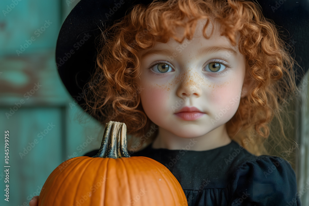 The concept of the holiday on Halloween. Red -haired girl with pumpkin. Portrait The concept of the holiday on Halloween. Red -haired girl with pumpkin. Portrait