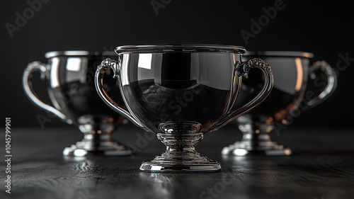 Studio Shot of Black Glass Coffee Mugs with Chrome Rims on a Dark Background.