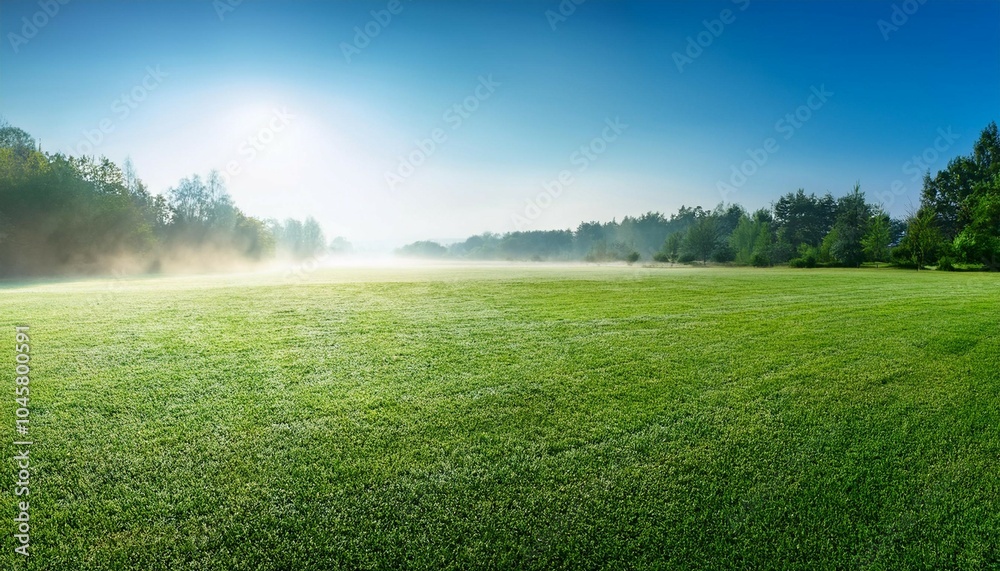 beautiful summer natural landscape with lawn with cut fresh grass in early morning with light fog panoramic spring background beautiful summer natural landscape with lawn with cut fresh grass in early morning with light fog panoramic spring background