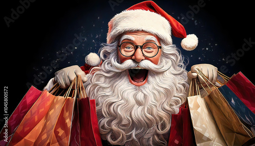 Excited, Happy and friendly Santa Clause holding shopping Christmas bags.