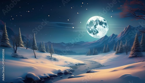 beautiful winter landscape with full moon