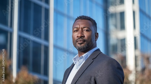 Confident businessman in a modern urban setting, standing in front of sleek glass architecture, exuding professionalism and ambition in a corporate environment