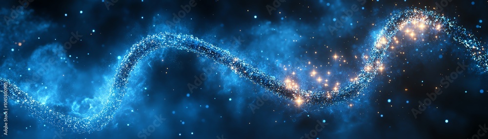 A sparkling DNA helix, glowing with soft light, suspended in a blue mist A sparkling DNA helix, glowing with soft light, suspended in a blue mist