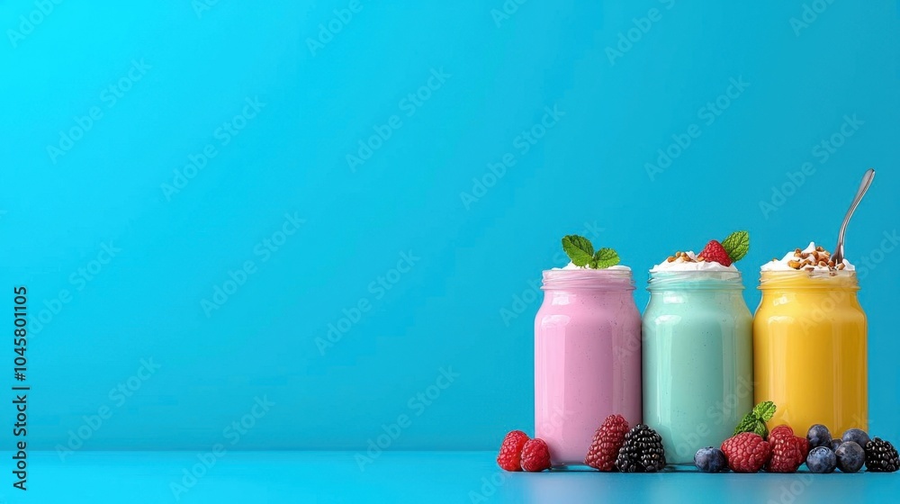Fototapeta premium A photostock of yogurt in glass jars with a spoon, blue background, clean design