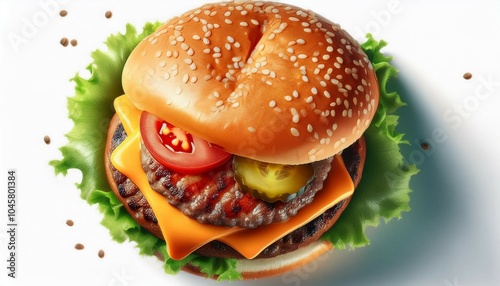 cheeseburger top view isolated on white background with a juicy beef patty melted cheddar cheese fresh lettuce ripe tomato slices and pickles generative ai