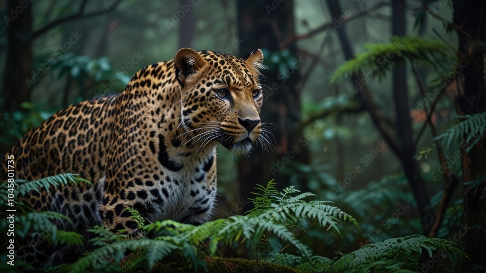 Obraz premium A majestic leopard sits in a dense, misty jungle, its powerful gaze fixed on something unseen. Its spotted fur blends seamlessly with the foliage.