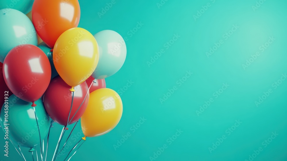 Happy Birthday party balloons, colourful balloons background and birthday cake with candles. High Quality Image