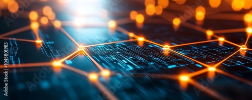 Blockchain-powered renewable energy, glowing digital grids, futuristic tech hub