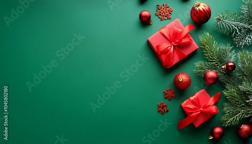 christmas red decoration and spruce tree on green background top view merry christmas and happy holidays greeting card frame banner new year noel winter xmas theme