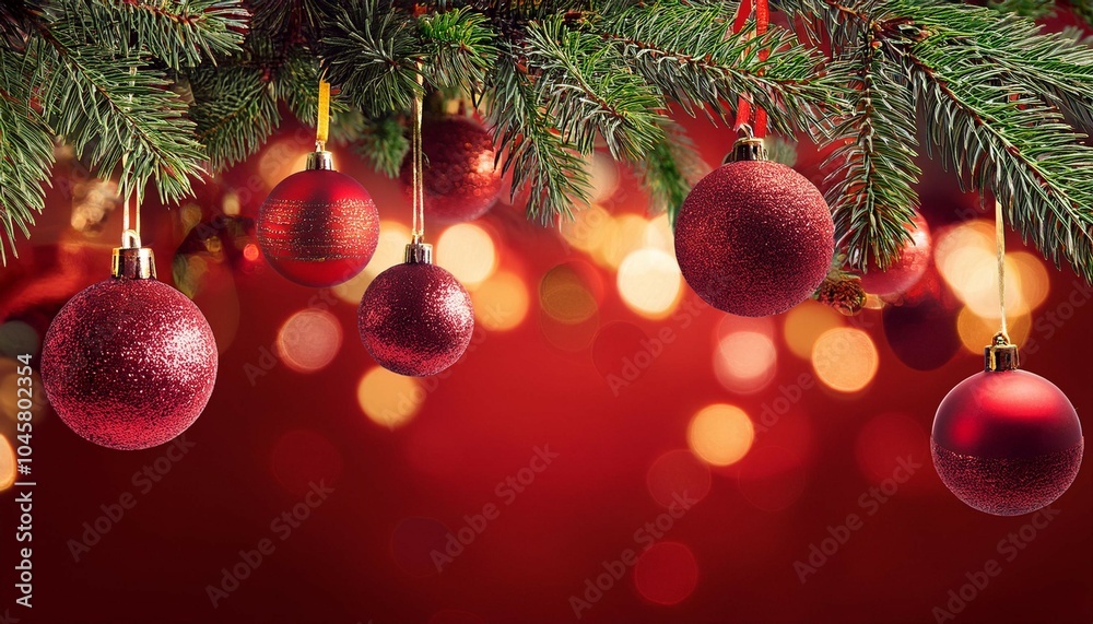 christmas tree in red shiny glittering background baubles hanging on fir with abstract lights christmas tree in red shiny glittering background baubles hanging on fir with abstract lights