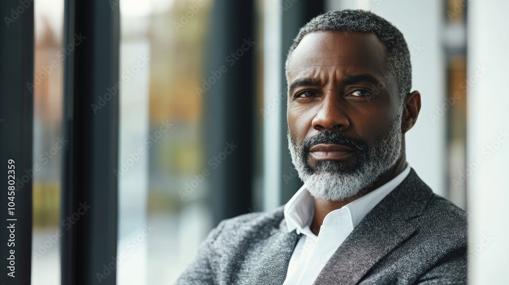 Contemplative African businessman gazing thoughtfully out the window, reflecting on future opportunities and challenges in a modern office setting, deep in thought. Contemplative African businessman gazing thoughtfully out the window, reflecting on future opportunities and challenges in a modern office setting, deep in thought.